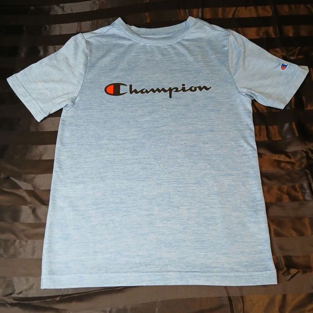 Champion Boys Heather Blue Spellout Script Logo T-Shirt Size M (7-8)